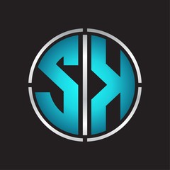 SK Logo initial with circle line cut design template on blue colors