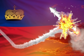 Liechtenstein intercepted ballistic warhead, modern antirocket destroys enemy missile concept, military industrial 3D illustration with flag