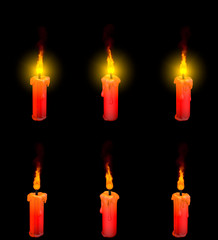 pretty thin red glowing beeswax candle with and without highlight isolated on black, spa concept - 3D illustration of objects