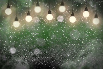 Fototapeta na wymiar green pretty shining glitter lights defocused light bulbs bokeh abstract background with sparks fly, celebratory mockup texture with blank space for your content