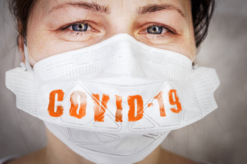 Women with safety mask from virus. Word 