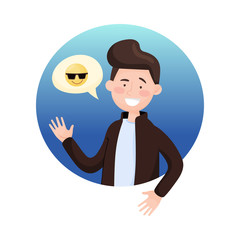 Young Boy Feeling Happy Smiling and Waving Hand Isolated on White Background Vector Illustration. Smiling Face in Sunglasses Concept