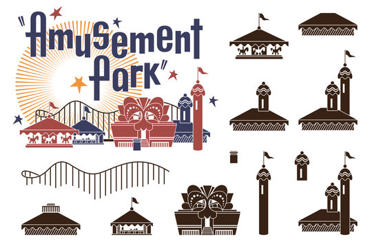 Amusement park concept. Set of attractions. Stock illustration.