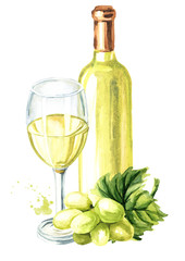 Bottle and glass of White wine with vine leaves and grape berries. Hand drawn watercolor illustration, isolated on white background