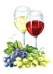Red and white wine glasses with vine leaves and grape berries. Hand drawn watercolor illustration, isolated on white background