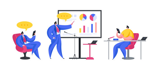 Businessmen during conference in office. Flat cartoon people vector illustration