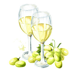 White wine glasses with vine leaves and grape berries. Hand drawn watercolor illustration, isolated on white background