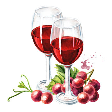 Red wine glasses with vine leaves and grape berries. Hand drawn watercolor illustration, isolated on white background