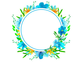 Obraz premium Beautiful bright watercolor floral wreath. Spring flowers, branches, leaves. Hand painted illustration isolated on white background. Perfectly for greeting card design.