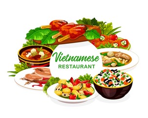 Vietnamese restaurant icon of beef pho bo and mushroom noodle soups with Asian rice and vegetables. Vector peppers stuffed with cheese, grilled cutlets on lemongrass stems and baked pork with pear