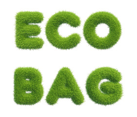 Fototapeta na wymiar Eco, bag lettering made from fresh green grass isolated on white background. 3d rendering. Template for your design.