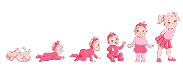 Girl growth process. Life cycle from newborn to preschool, stage development woman baby, child crawling female vector cartoon character