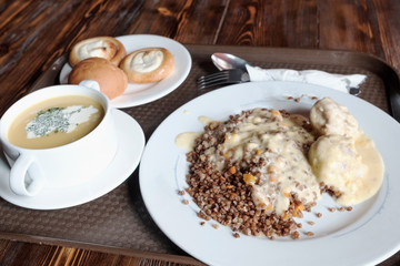buckwheat lunch and soup with buns