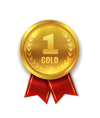 First place. Golden award medal or orden symbol with red ribbon for champion and winner isolated vector illustration