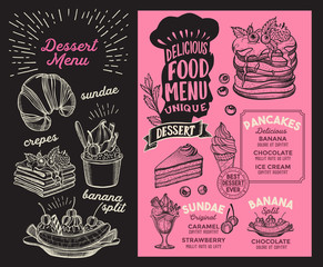 Dessert menu food template for restaurant with doodle hand-drawn graphic.