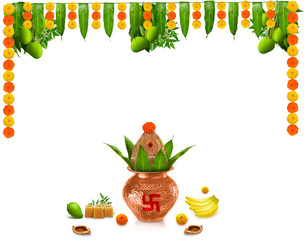 Happy Ugadi Greeting Card Background With Decorated Kalash and mangoes traditional new year...