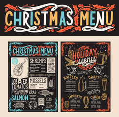Christmas and New Year food menu template for restaurant. Vector illustration for holiday with hand-drawn lettering.