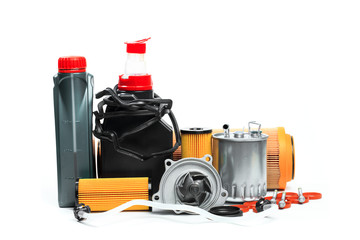 parts for scheduled car maintenance.Oil , air , fuel filter, Water pumps motor, belt car engine   for car on white background  - Image