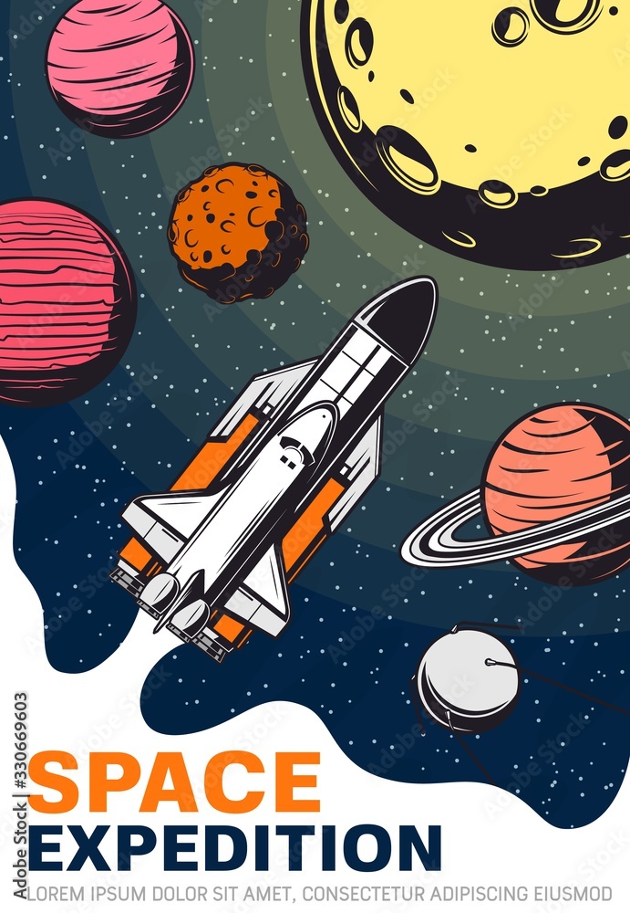 Poster rocket in space with planets and satellite, galaxy and universe travel vector design. spaceship or s