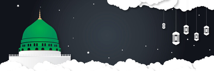  Simple minimalist geometrical ramadan ornament decoration with hanging cloud and golden fanoos arabian lantern with sky background and calligraphy for ramadan kareem. Ramadan Kareem Banner with Moon