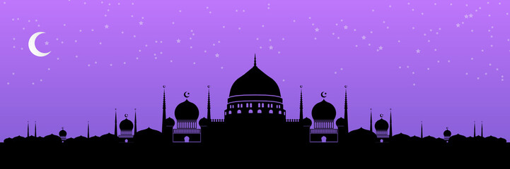 Ramadan kareem background with silhoutte madina mosque and sunrise. Paper cut vector illustration with mosque and moon, place for text greeting card and banner