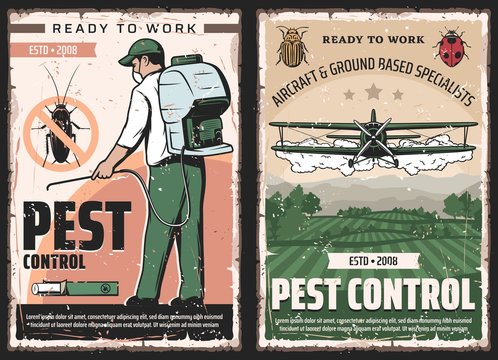 Pest Control Vector Design Of Insect And Bug Protection Service. Exterminator With Insecticide Or Pesticide Sprayer And Cockroach Chalk, Agricultural Aircraft Dusting Crop, Colorado Beetle And Ladybug