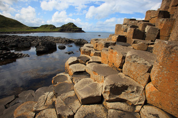 Ulster (Ireland), - July 20, 2016: Polygonal basalt lava rock columns of the Giant's Causeway on...