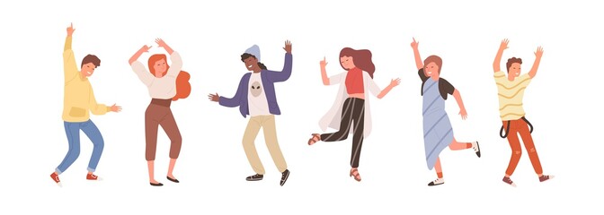 Group of diverse people dancing isolated on white. Set of happy positive man and woman having fun at party or music festival vector flat illustration. Colored person on dance floor at night club