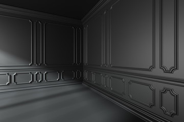 Empty black room with classic style decor on walls.