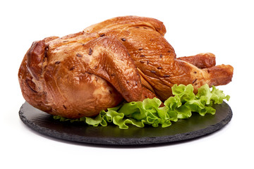 Smoked chicken with lettuce, isolated on white background