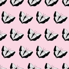 Black and white butterfly seamless pattern on pastel pink background