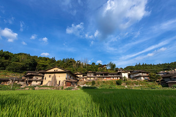 Country houses under blue sky and white clouds