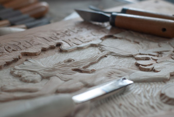 Tools for wood carving close-up, incisors on wood engraving,