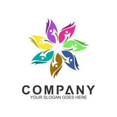 community care vector, people group, social relationship icon, charity symbol, human caring, kids and adoption logo, people teamwork, colorful and circular people logo design template