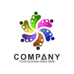 community care vector, people group, social relationship icon, charity symbol, human caring, kids and adoption logo, people teamwork, colorful and circular people logo design template