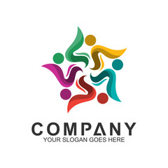 community care vector, people group, social relationship icon, charity symbol, human caring, kids and adoption logo, people teamwork, colorful and circular people logo design template