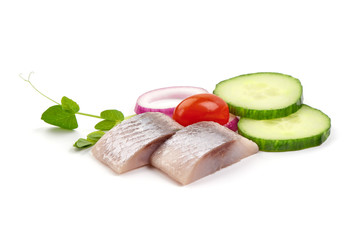 Salted herring with herbs, isolated on white background