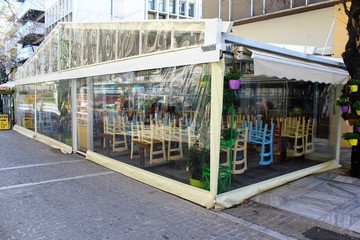 Athens, Greece, March 14 2020 - Closed restaurant due to Coronavirus outbreak.