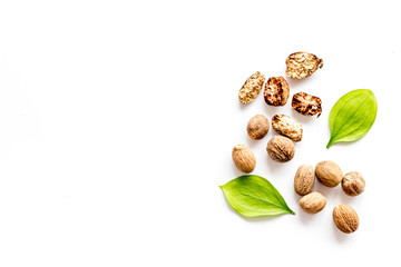 Nutmeg - whole nuts near leves - on white background top-down copy space