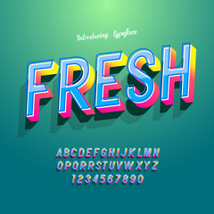 "Fresh" Vector typeface bold style for logo, decoration, party poster, book, greeting card, sale banner, printing on fabric. Cool alphabet 3d modern typography. Trendy font.
