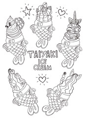 Coloring page withTaiyaki ice cream. Black outline on a white background .Vector graphics.