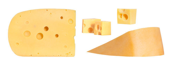 Set of cheese isolated on white background. Different pieces of Maasdam cheese