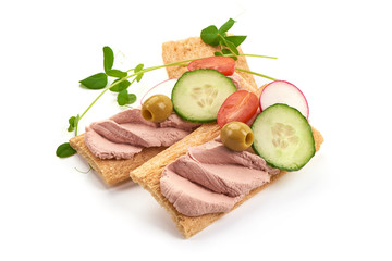 Sandwich with homemade chicken liver pate, isolated on white background