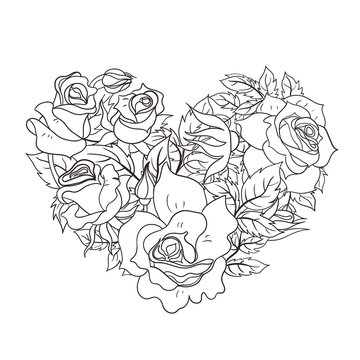 Coloring page with roses in the shape of a heart. Vector graphics.