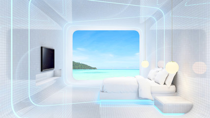 3d rendering bedroom interior with sea view background
