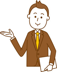 スーツ姿で案内をしている男性のイメージイラスト。上半身