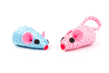 blue and pink toy mouse for pet isolated on white background