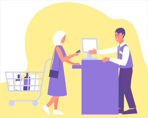 Woman pays a purchase with a card at the checkout. Cashless payment concept. Friendly cashier accepts payment by card. Flat vector illustration.
