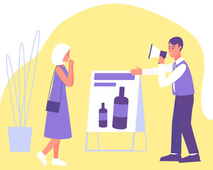 A woman became interested in advertising a cosmetic product. The advertiser encourages buyers to familiarize themselves with the product. Business advertisement concept. Flat vector illustration.