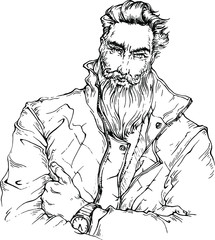 Vector hand drawn linear handsome  bearded man in jacket. Line art sketch illustration for barber shop, male beauty salon. Fashion , model.